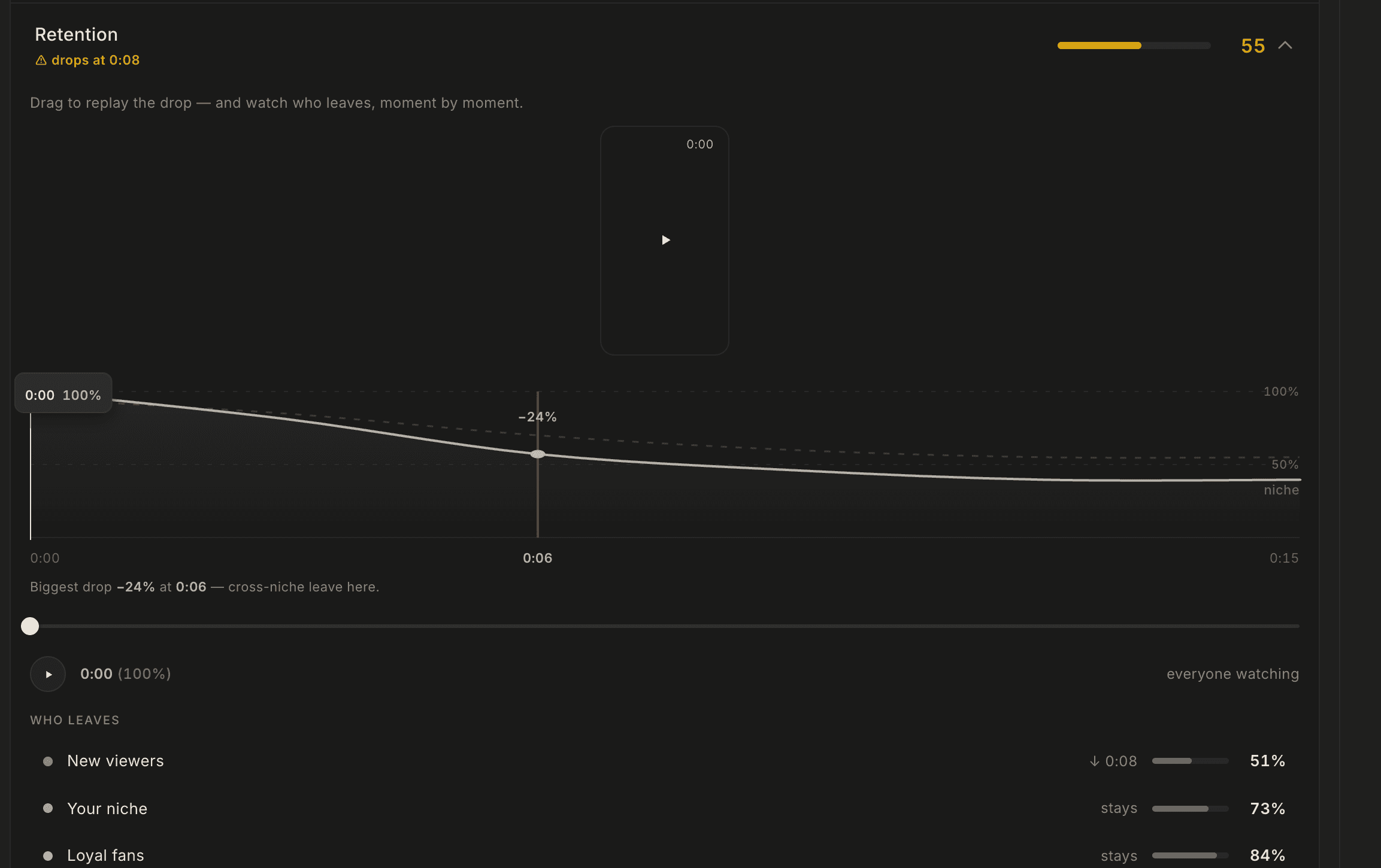 The retention curve, opened on its biggest drop: −24% at 0:06, where cross-niche viewers leave
